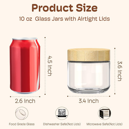 6 Pack 10oz Overnight Oats Containers with Bamboo Lids, Glass Jars with Airtight Lids for Meal Prep, Wide Mouth Mason Salad Jars, Glass Food Storage Container for Yogurt Chia Snacks Spice Sugar