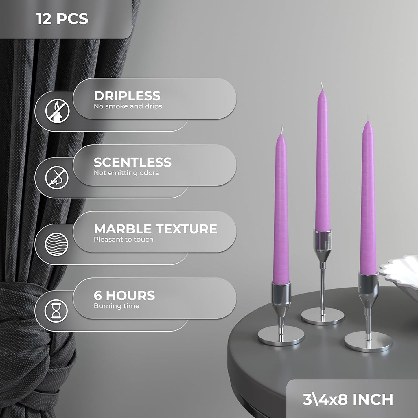 CANDWAX 8 inch Taper Lilac Candles Set of 12 - Unscented Smokeless Dripless Tall Candlesticks - Perfect for Special Occasions, Ordinary Dinners, for Mother's Day - Lavender Candle Sticks
