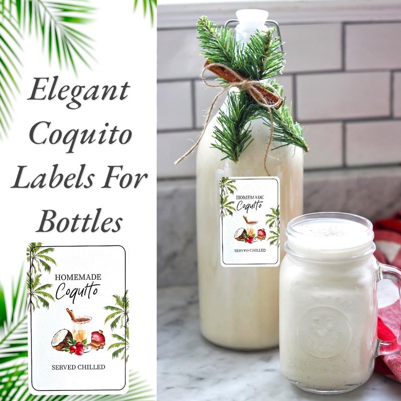 18pcs Coquito Labels for Bottles Christmas, Size 2" X 3" Coquito Xmas Puerto Rico Stickers, for 8oz, 16oz, 32oz Bottles