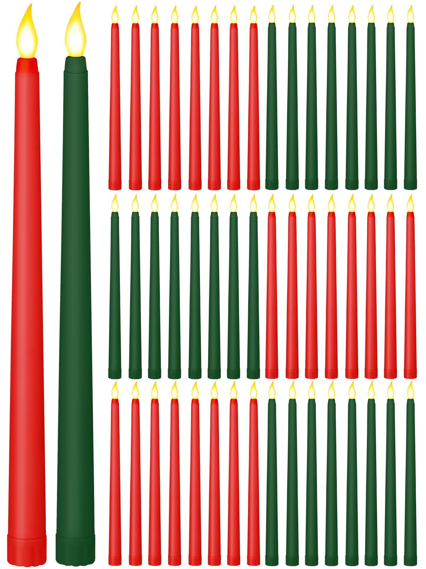 Funtery 48 Pcs Flameless LED Taper Candles Battery Operated Candles Bulk Realistic LED Candlesticks Flickering for Wedding Church Graduation Party Home Decor(Red, Green,Classic Style)