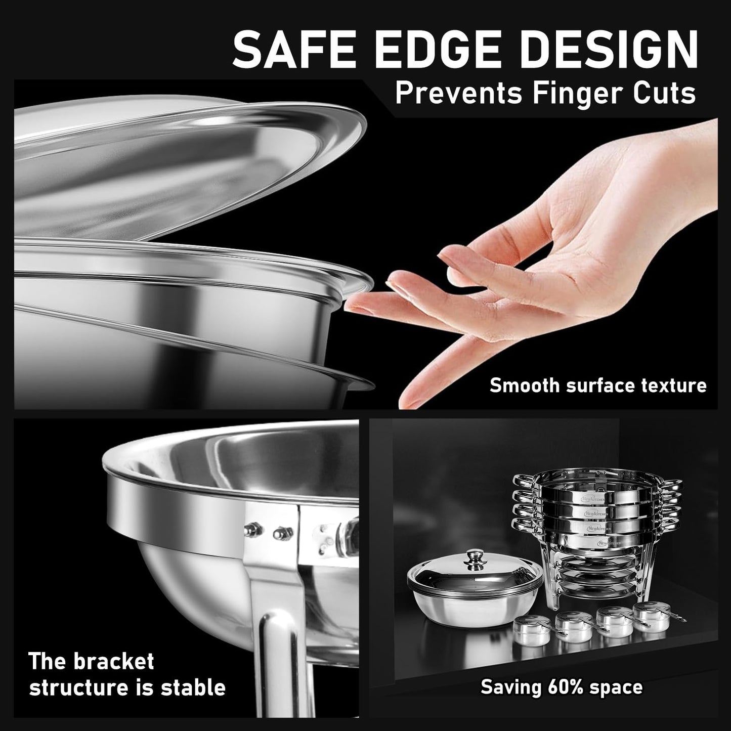 NEWKITCHEN Chafing Dishes for Buffet 4 Pack, 5 QT Round Chafing Dishes for Buffet [Elegant Silver Colors] Stainless Steel Chafing Dish Buffet Set for Any Party