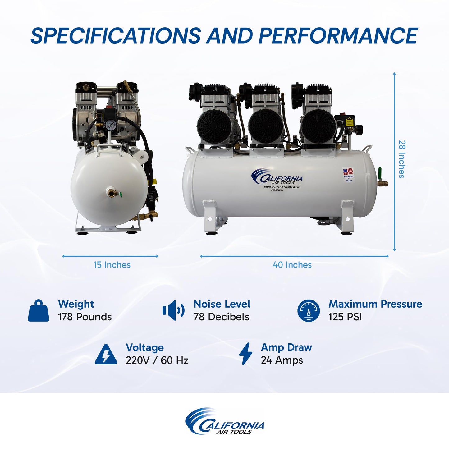 California Air Tools 20060CAD Powerful 6.0 HP Ultra Quiet and Oil-Free Air Compressor, 20 Gallon Tank, 78 dB Noise Level, with Automatic Drain Valve, 220V / 60Hz, Off White