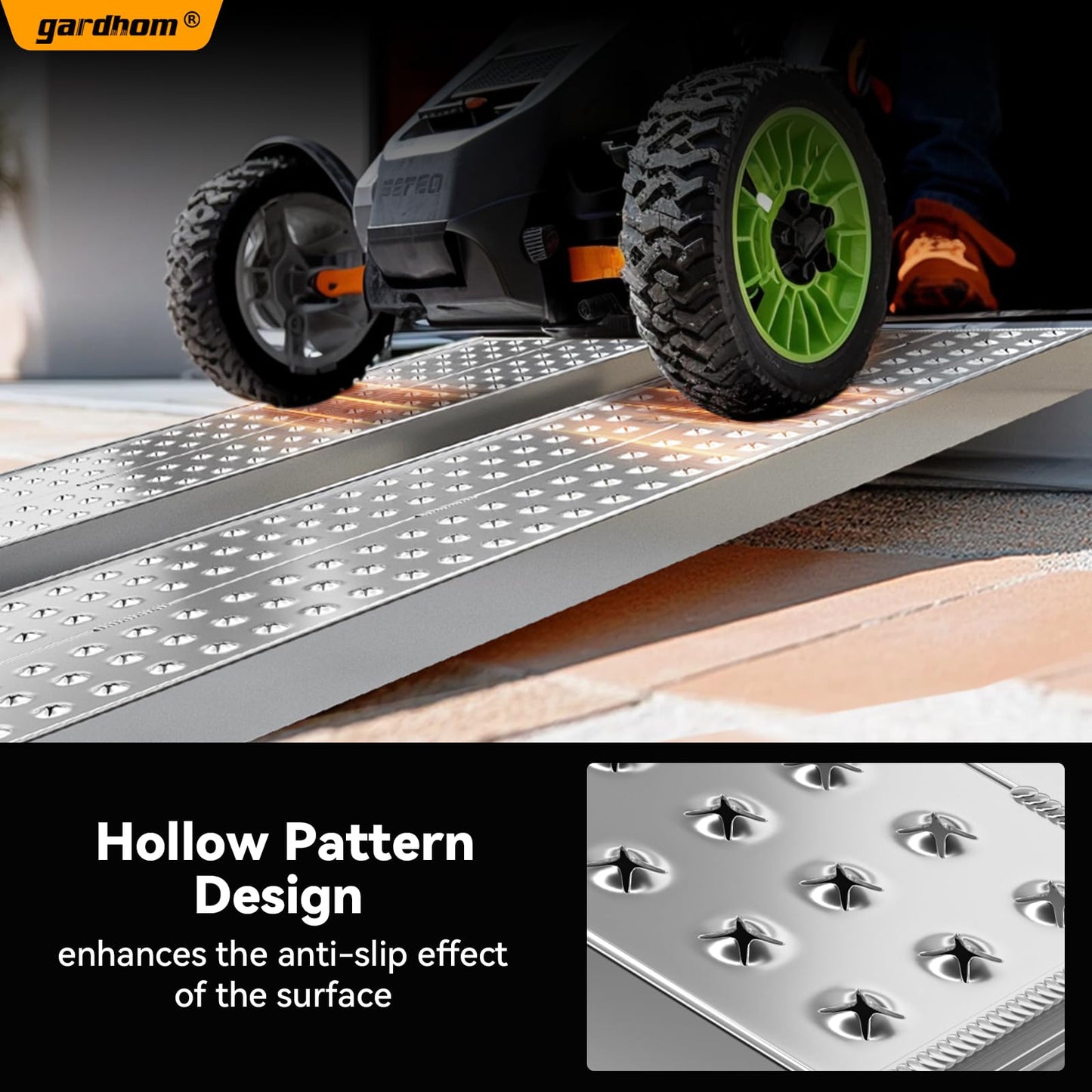 gardhom Aluminum Shed Ramp 55x11inch, 2PCS Riding Mower Ramps 3000lbs/Pair Capacity for Curb Steps Stairs Dirt Bike Motorcycle Lawn Mower Snow Blower Loading Ramps