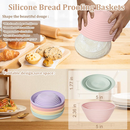 4Pcs Silicone Bread Proofing Baskets, 9" Collapsible Sourdough Bread Baking Supplies Non-Stick Round Dough Proofing Bowl Containers Oven Safe for Various Tastes Bread Making-BPA Free