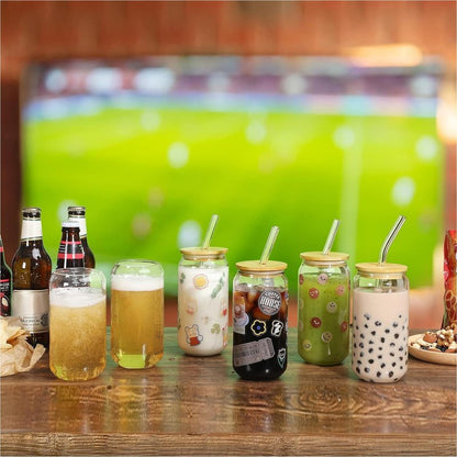 NETANY [ 8pcs Set ] Drinking Glasses with Bamboo Lids and Glass Straw - 16oz Glass Cups, Beer Glasses, Iced Coffee Glasses, Cute Tea Cup, Ideal for Cocktail, Whiskey, Gift - 2 Cleaning Brushes