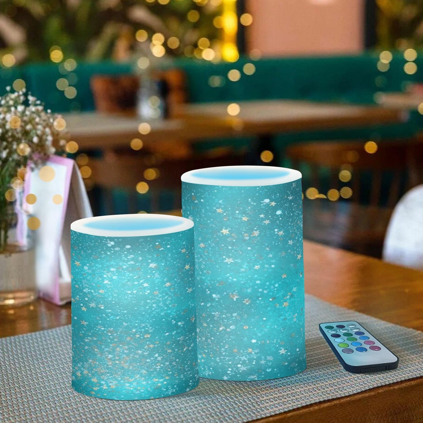 Kcldeci LED Flameless Candles Battery Operated with Remote and Timer, Abstract Turquoise Marble White Star Realistic Flickering Flameless Candles Led Pillar Candles, Set of 2