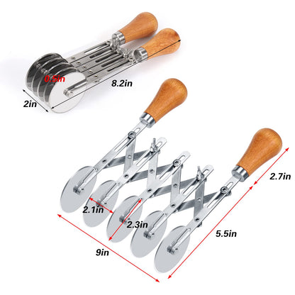 Juome 5 Wheel Pastry Cutter with Wooden Handle, Multi-Round Wheel Pasta Dough Cutter Roller Pizza Slicer Accordion Pastry Knife Divider Tool