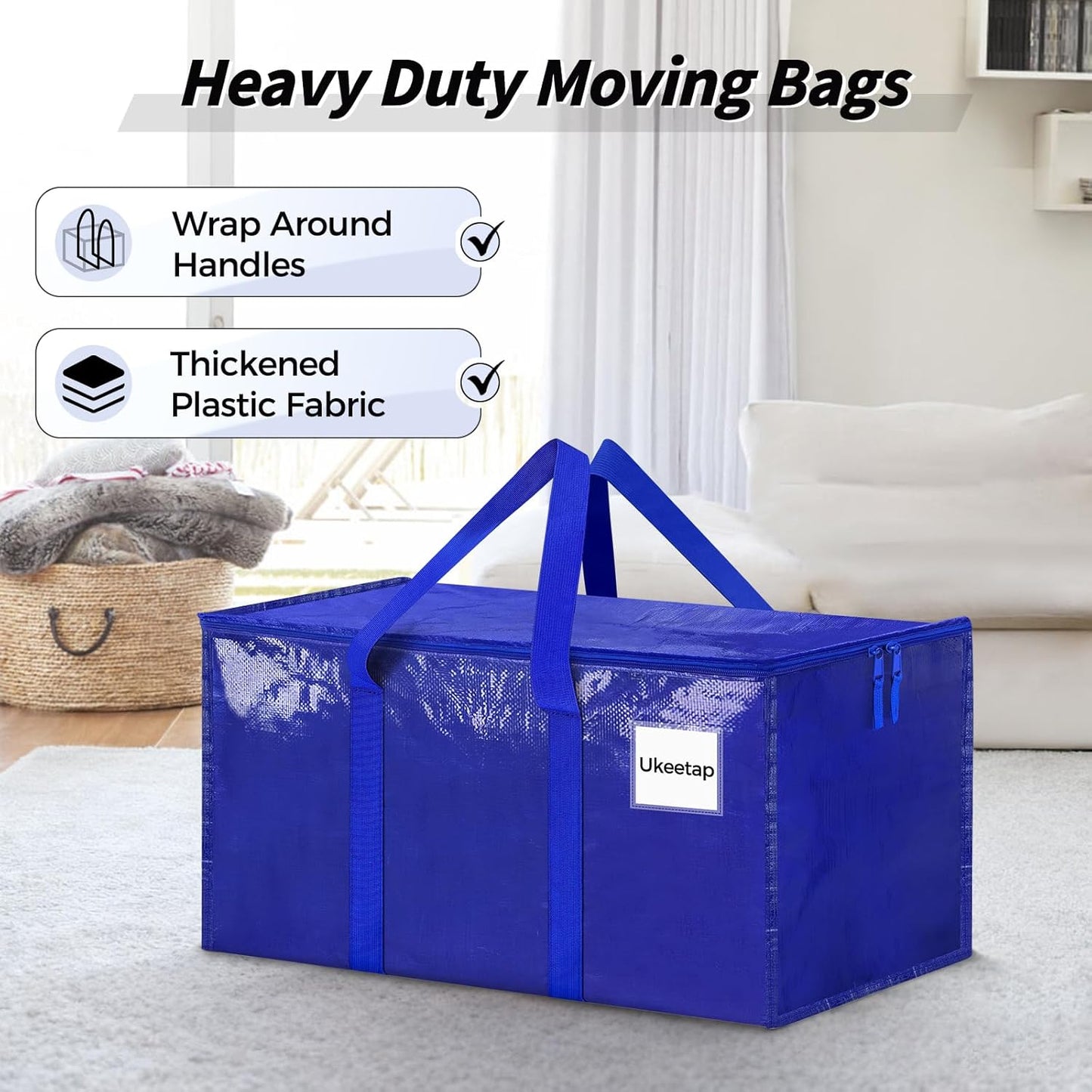 Skiennix Extra Large Heavy-Duty Moving Bags - 8 Pack with Reinforced Handles & Zippers | Blue Storage Totes for Clothes & Dorm Supplies