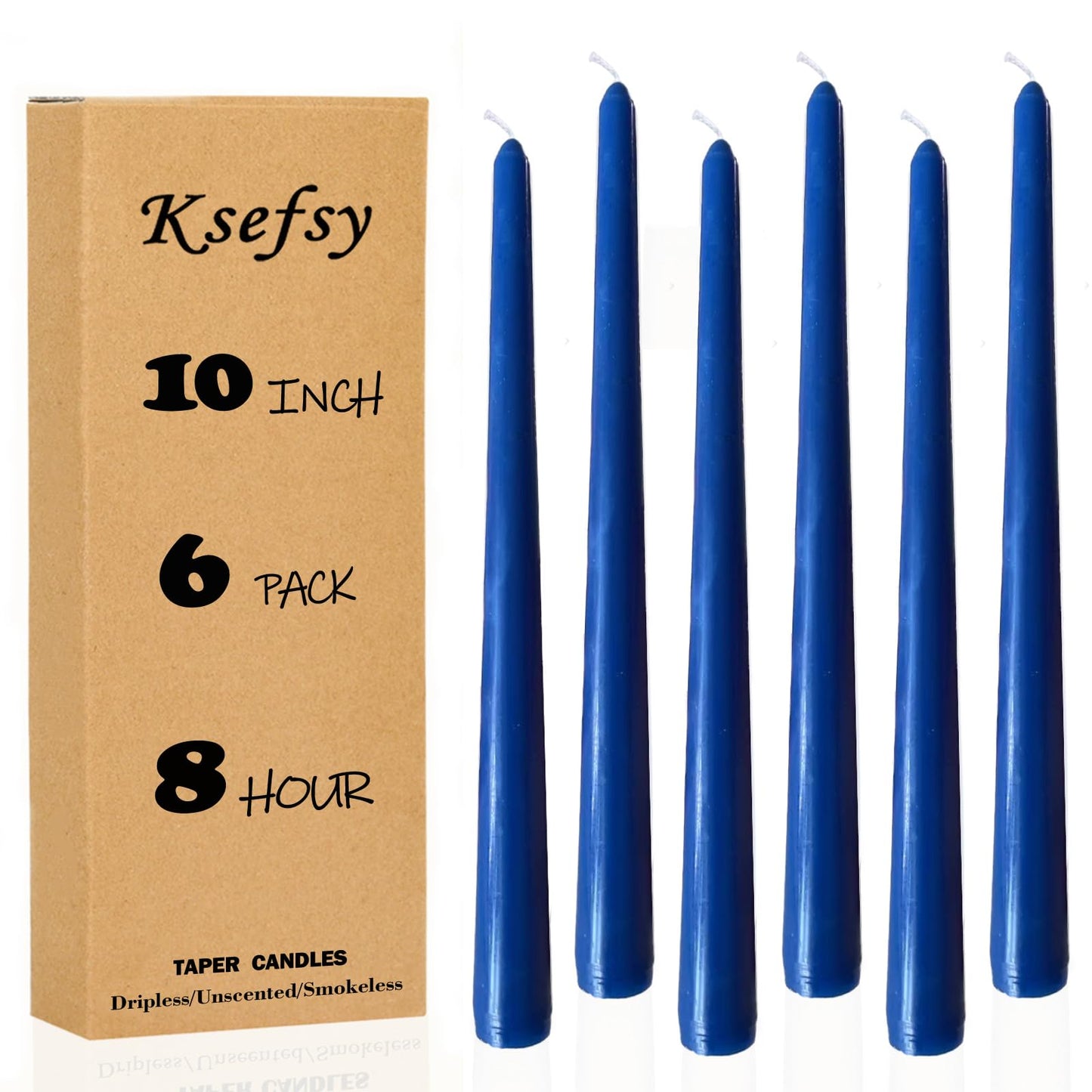 Ksefey 10 Inch Blue Taper Candles Set of 6 - Dripless,Unscented,8 Hours Burn Time-Perfect for Wedding,Dinner,Party and Home Decor