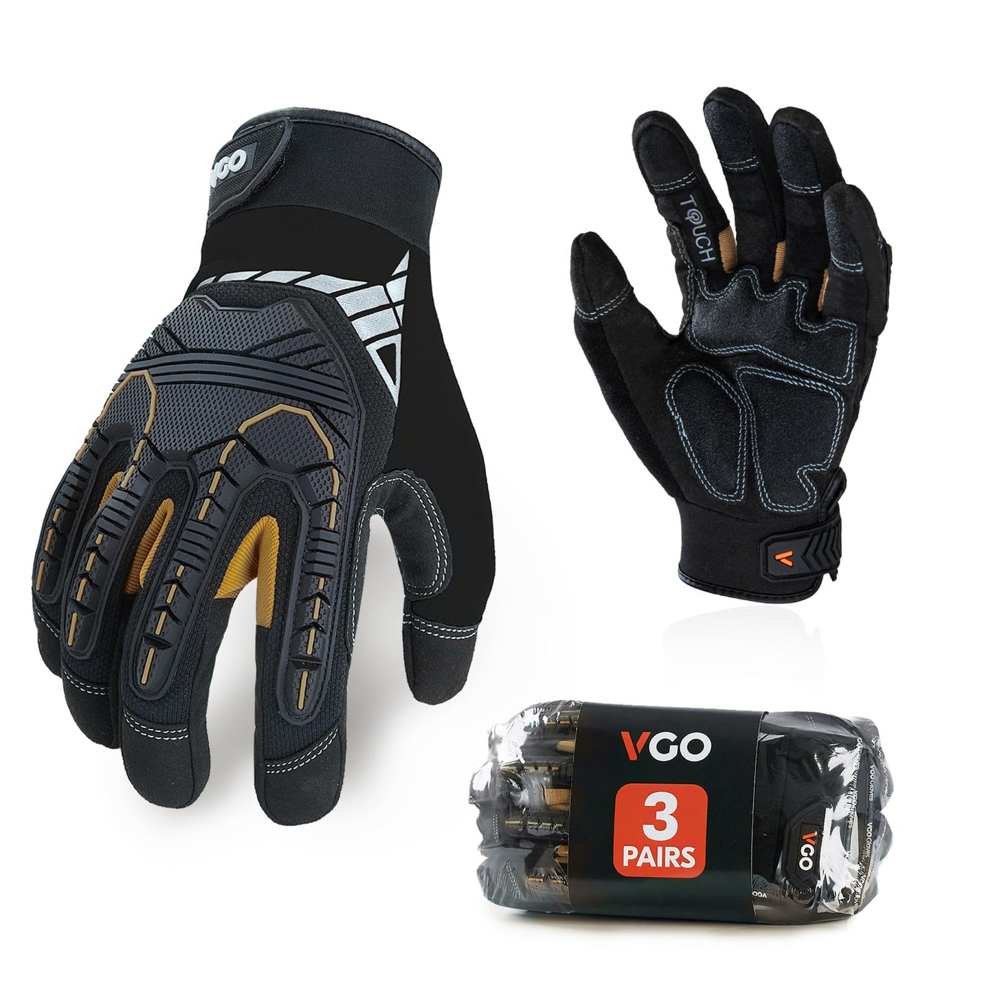 Vgo... 3-Pairs Heavy Duty Synthetic Leather Work Gloves, Impact Protection Mechanic Gloves, Rigger Gloves, Vibration Reduction, Touchscreen Capable (Size XL, Black, SL8849)