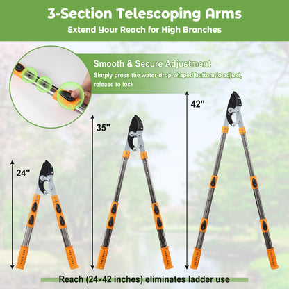 Extendable Loopers for Tree Trimming, 24-42'' Heavy Duty Thick Branches Cutter Lopping Shears with SK5 Steel Blade, Pruning Shears with 1.8” Cut Capacity, Loppers with Compound Action for Gardening