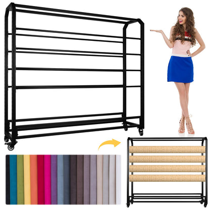 Fabric Roll Storage Rack with Wheel Adjustable Hanging Rod Bracket Display Shelf