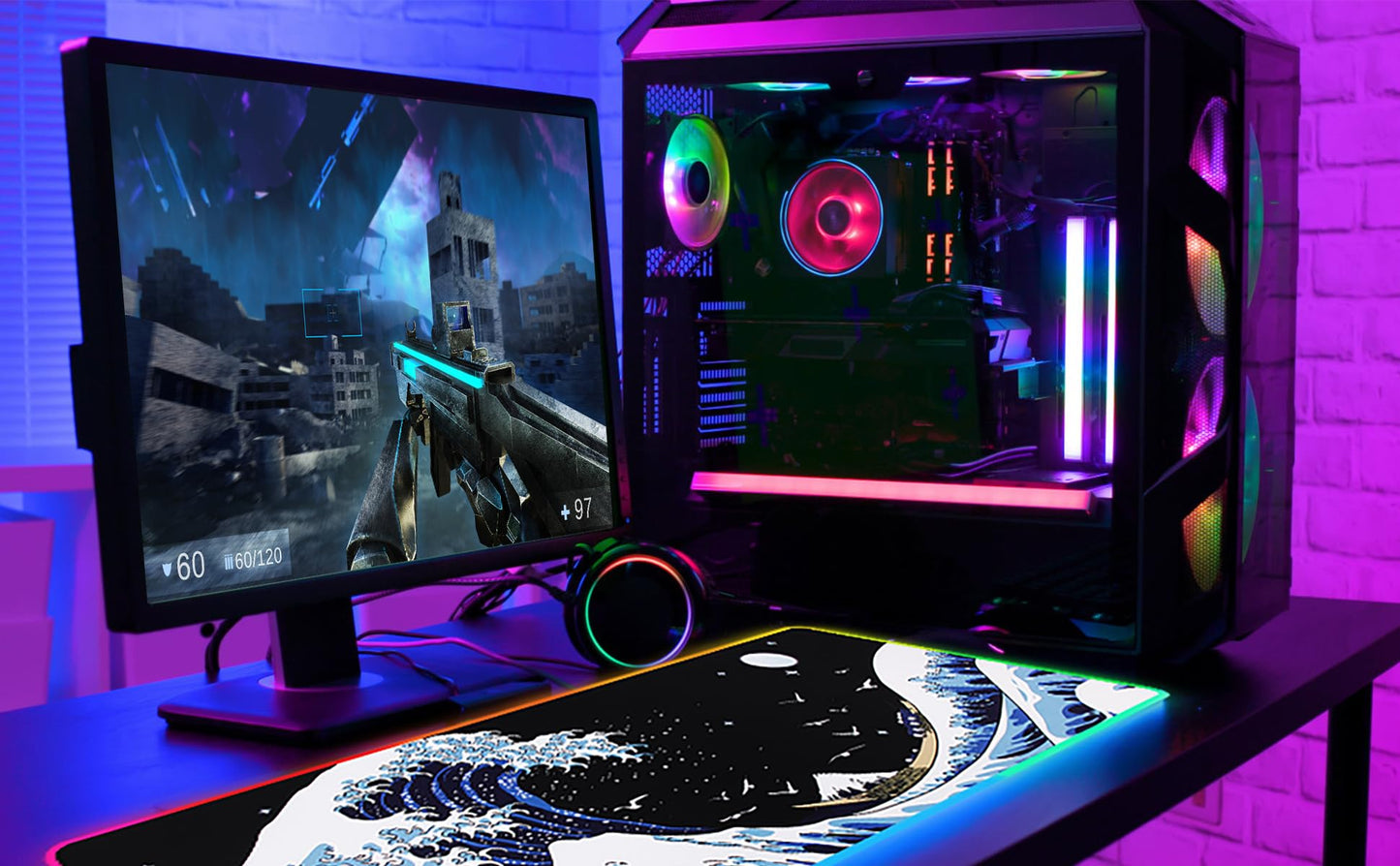 MEWOOCUE Gaming Laptop Mouse Pad,Sea Wave Big Mice Pads PC Keyboard Waterproof and Non-Slip 31.5 x 11.9 0.12" Thick XL,XXL Rubber Table Mat, RGB Led with 10 Lighting Modes+9 Color Changing Modes Mat