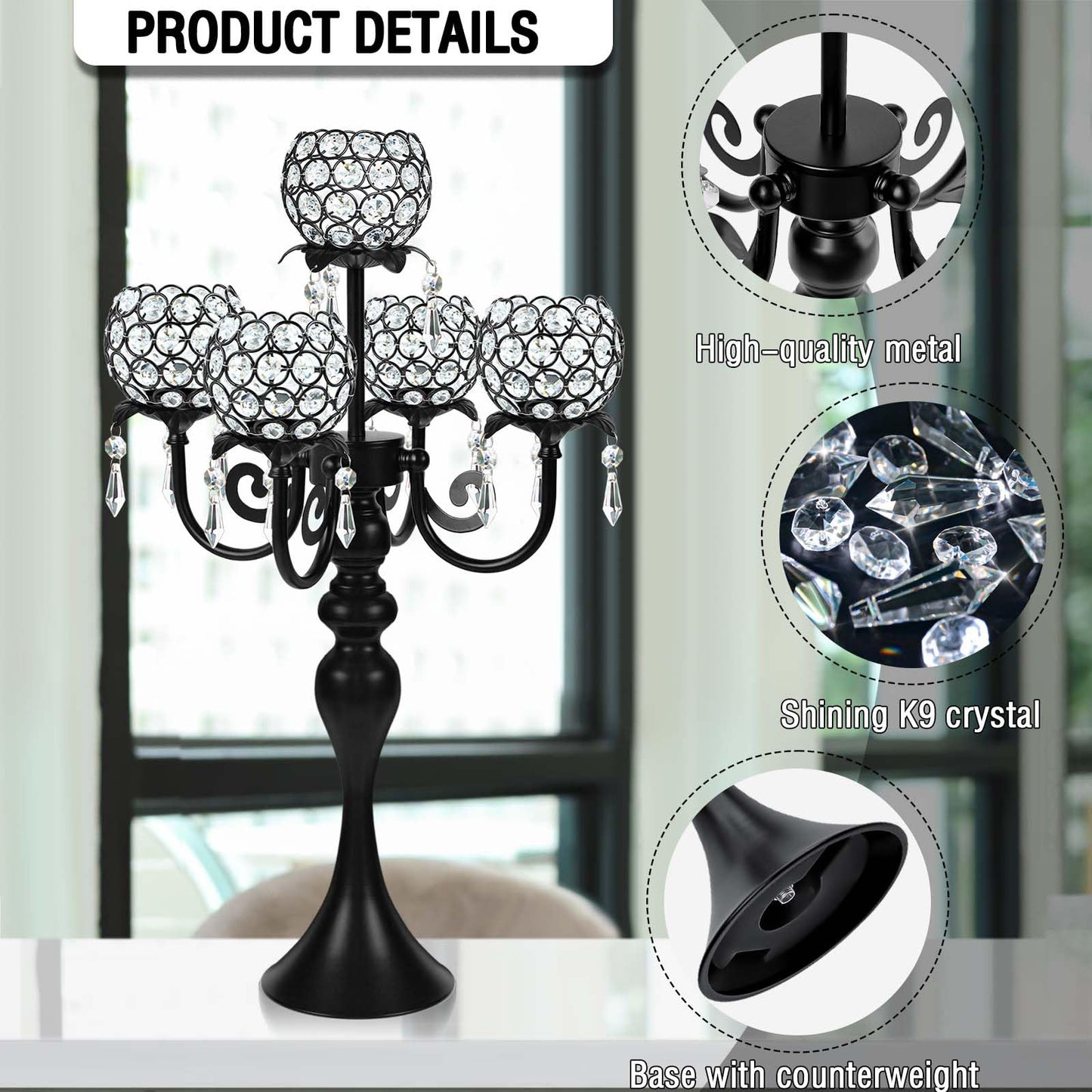 kolnlala 22.5 Inch Black 5-Arm Tea Light Crystal Candle Holder/Candlestick, Exquisite and Gorgeous Crystal Candelabra Table Centerpiece for Wedding/Holiday Events, Parties & Home Decor
