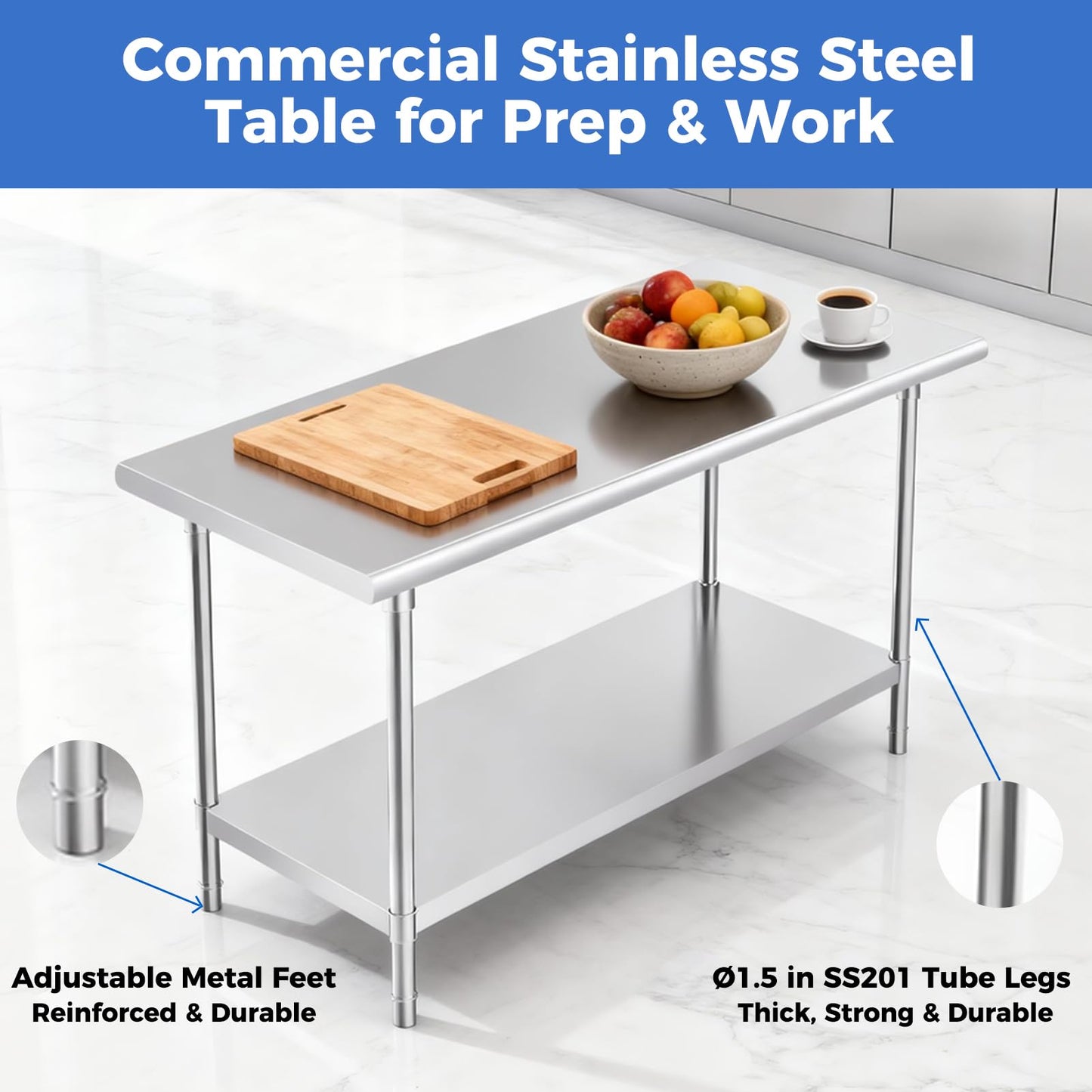 OSTBA Stainless Steel Table for Prep & Work 24x48 Inches with Backsplash, NSF Metal Commercial Heavy Duty Table with Adjustable Undershelf and Foot for Restaurant Kitchen Home and Hotel