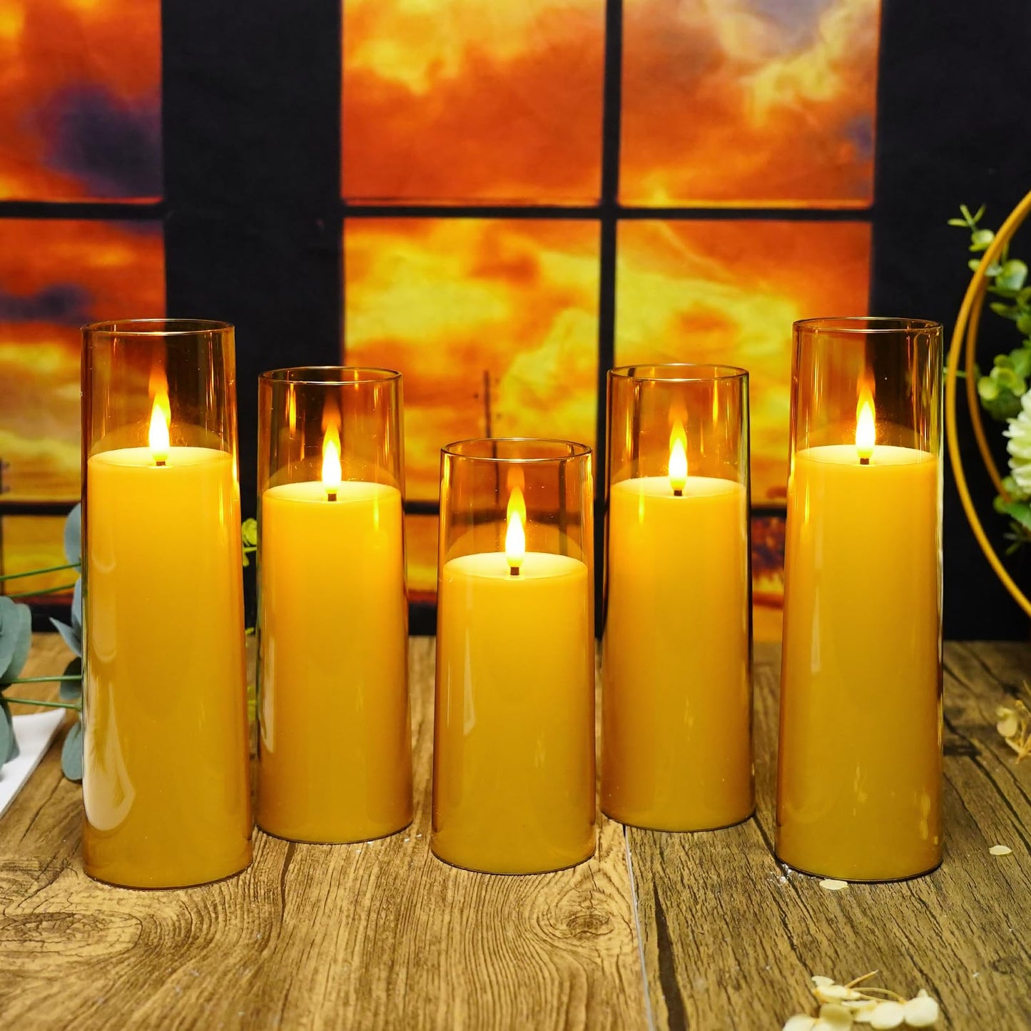 kakoya Flickering Flameless Candles Battery Operated with Remote and 2/4/6/8 H Timer Acrylic Led Pillar Candles Pack of 9 (appr D2.3"xH5.5"6.5"7.5")with Realistic 3D Wick Candles for Home Decor(Gold)