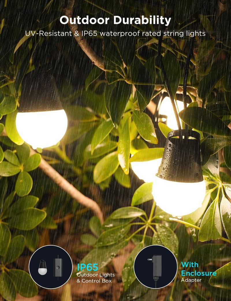 Govee Smart Outdoor String Lights 2, 48ft Outdoor Lights with Dimmable Warm White LED Bulbs, 47 Scene Modes for Patio, Backyard, Balcony, IP65 Waterproof, Works with Alexa, App Control