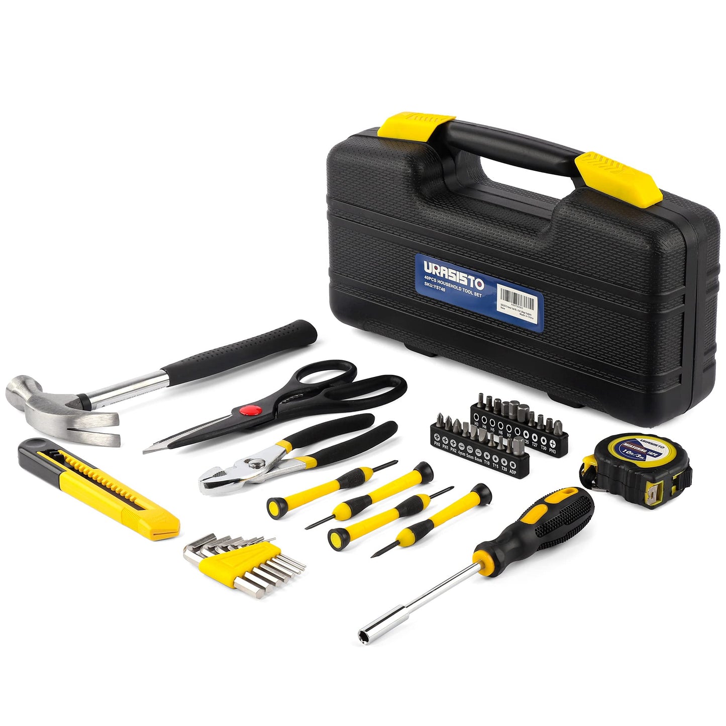 URASISTO 40-Piece Home Tool Kit with Easy Carrying Box, Small Basic Hand Tool Set Perfect for DIY Building, Home Maintenance and Woodworking, Great for College Students