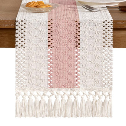 Socomi Boho Table Runner Macrame Long Easter Spring Farmhouse Woven Cotton Linen Rustic Coffee Table Runner with Tassels for Dresser Scarf Home Decor Dining Room 12x108 inPink Ivory