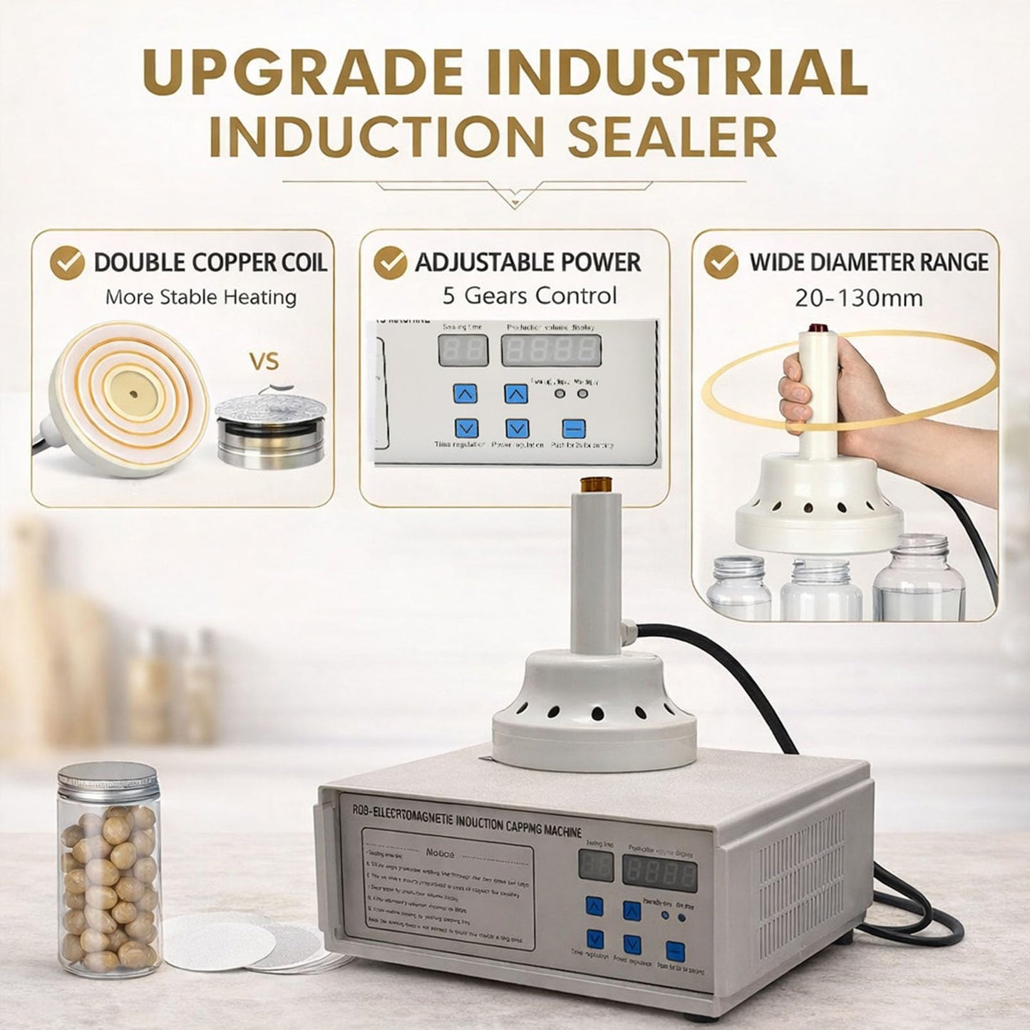 20–130mm Induction Heat Sealer, Portable Handheld Bottle Cap Sealing Machine for Plastic & Glass Bottles, Induction Sealing Machine 110V