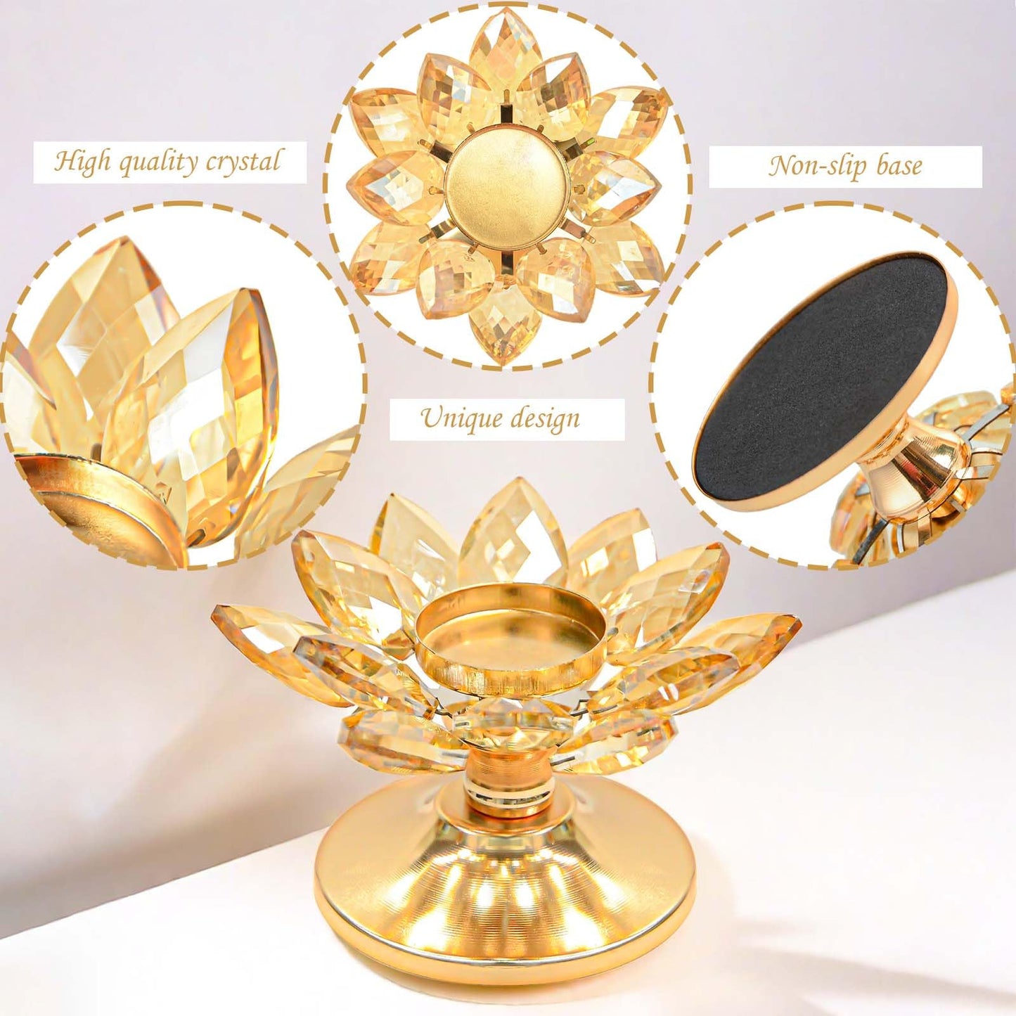 12 PCS Gold Crystal Flower Tea Light Holder Bulk, Glass Tealight Candlestick with Metal Base, Votive Candle for Table Centerpiece, Wedding/Parties Decor, Nice Gift