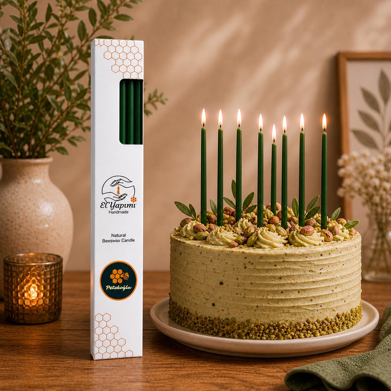 Petekoğlu 15-Pack Beeswax Wish Candles – Handcrafted, Drip-Free, Smoke-Free Slim Taper Candles for Rituals, Meditation, Birthday & Home Décor – Natural Honey Scent 7.87” x 0.24” (Green)