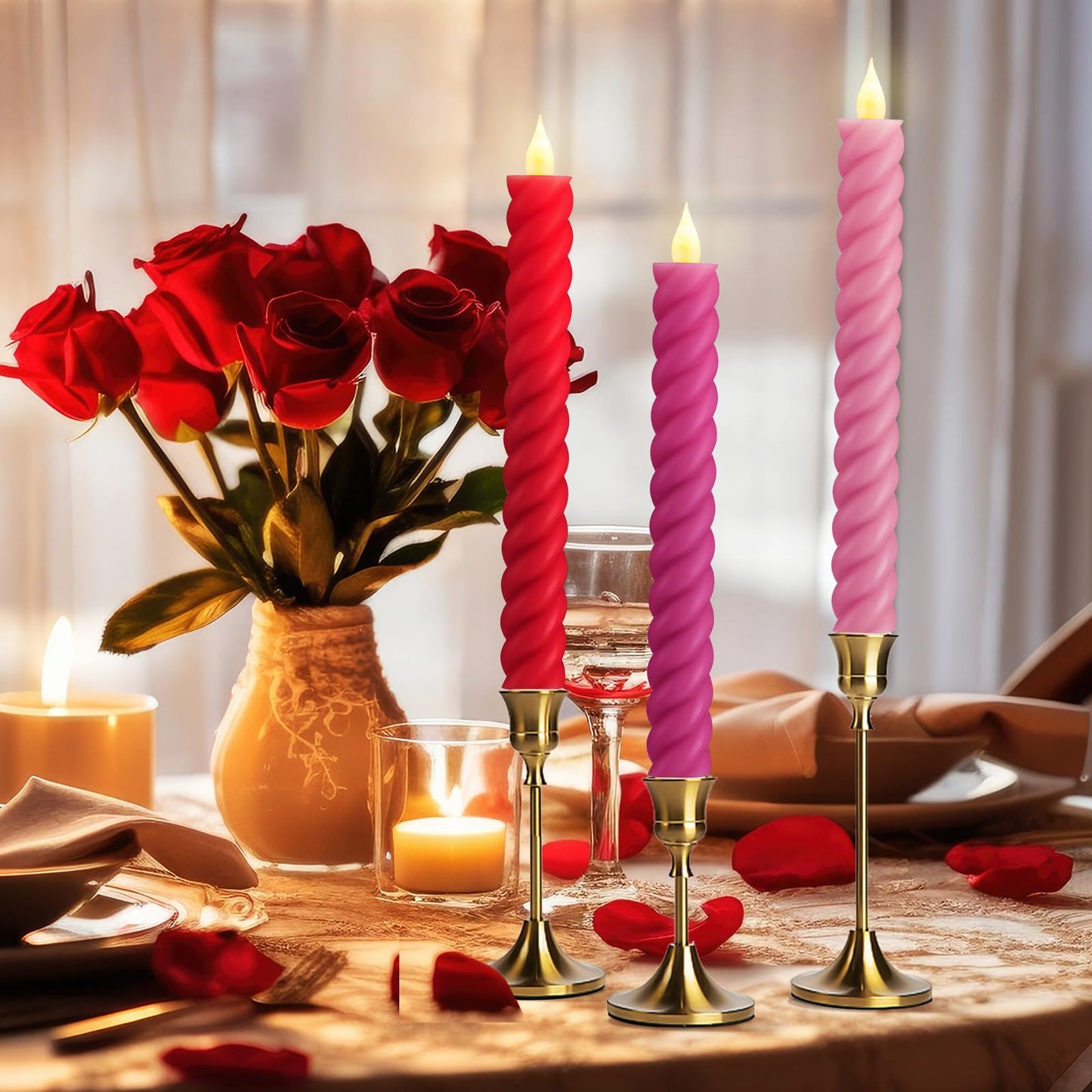 Baquler 6 Pcs Flameless Taper Candle Pink and Red Twisted LED 9.65 Inch Taper Candles Battery Operated Twisted Candlestick for Spring Birthday Home Party Dinner Table Decor