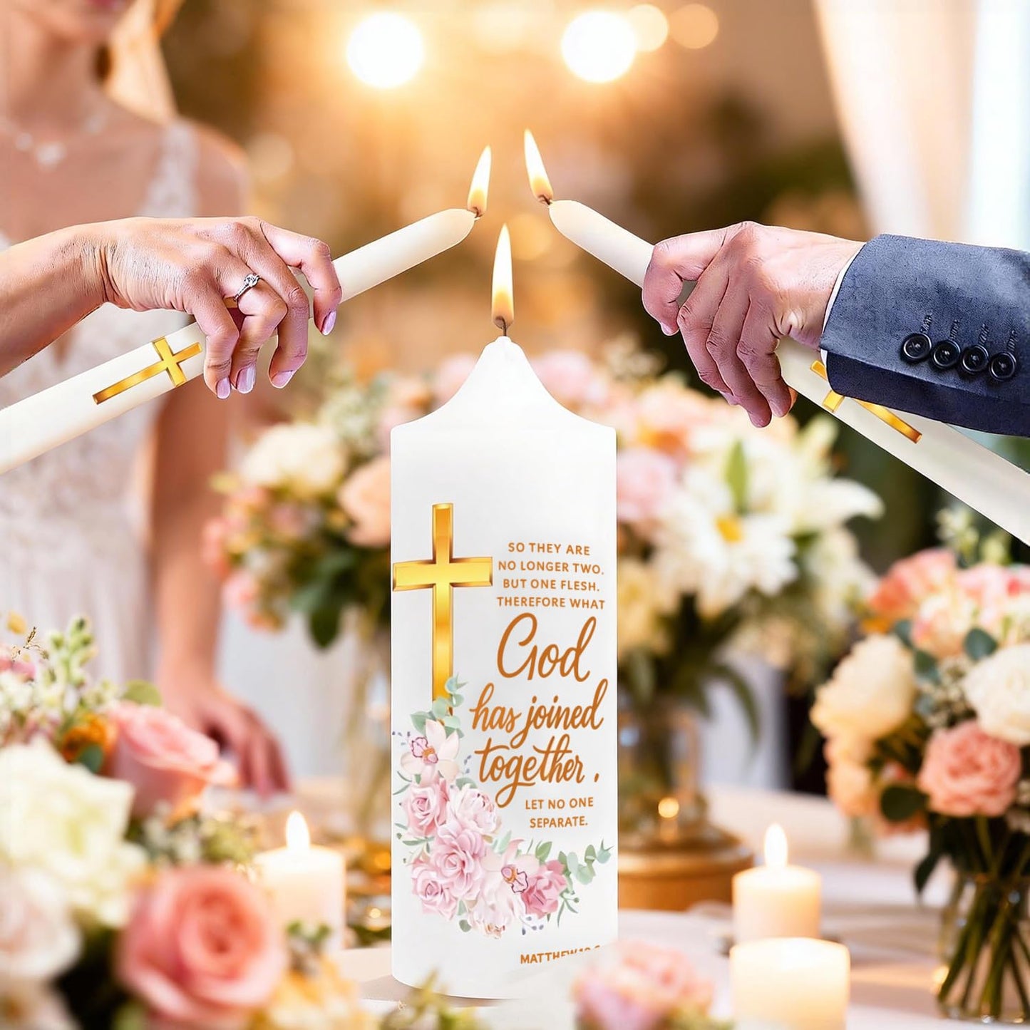 Musgsfbbs Wedding Candles for Ceremony with Glass Holders, Unity Wedding Candle Set with Matthew 19:6 & Gold Cross, Floral Pillar Candles for Catholic Wedding, Anniversary & Vow Renewal