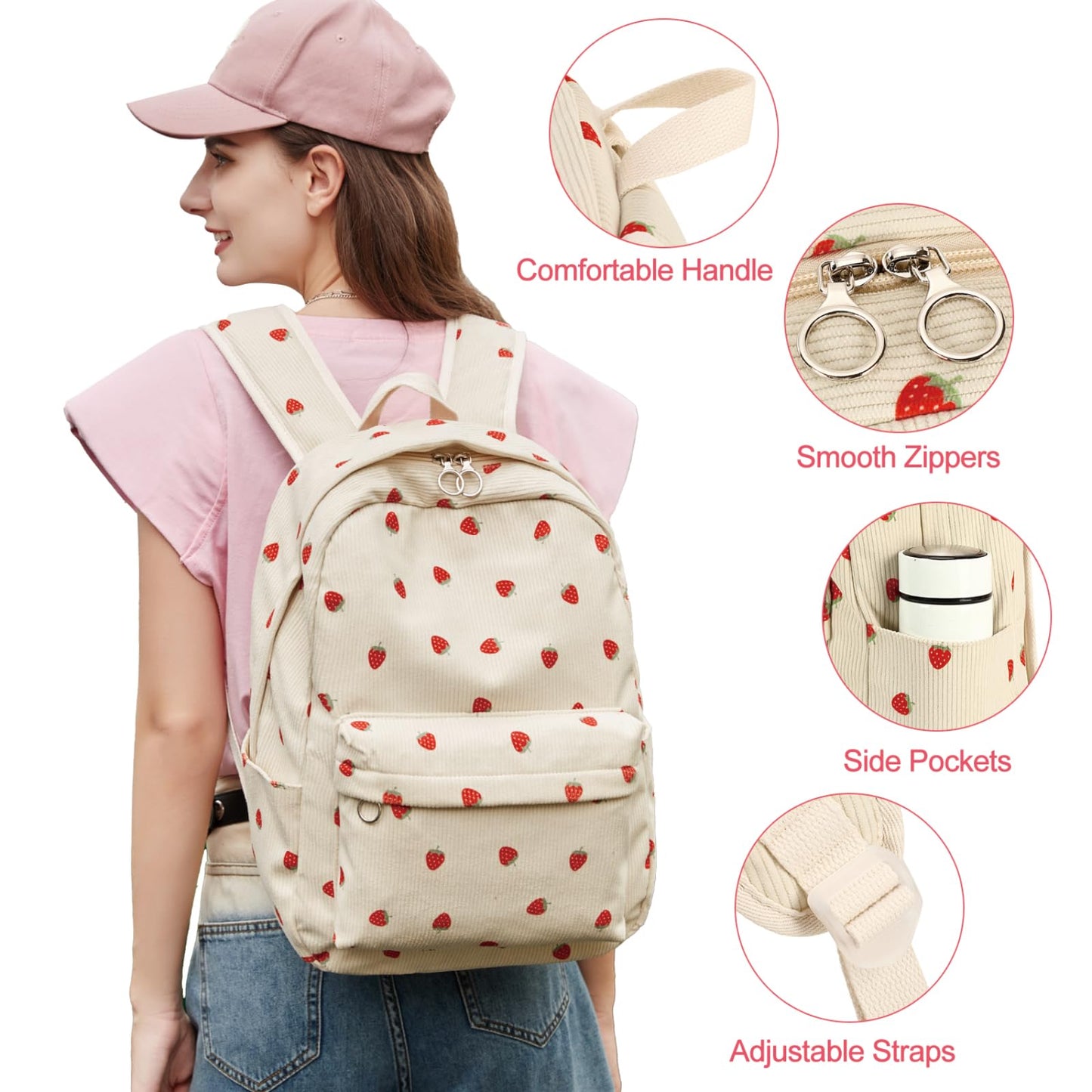 FADOVYE Kids Backpack for Girls Women School Bag Laptop Backpack Casual Daypacks with Lunch Box Pencil Case for Preschool Kindergarten Elementary Bookbag, Strawberry