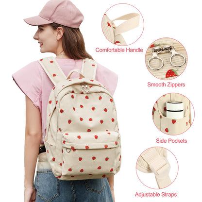 FADOVYE Kids Backpack for Girls Women School Bag Laptop Backpack Casual Daypacks with Lunch Box Pencil Case for Preschool Kindergarten Elementary Bookbag, Strawberry