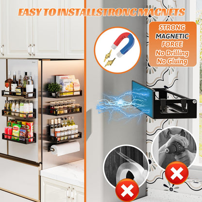 5 Pack Magnetic Spice Storage Rack Organizer for Refrigerator and Oven, Black Fridge Organizers and Storage, Paper towel holder, Punch and no-punch dual purpose (Black, 5p)