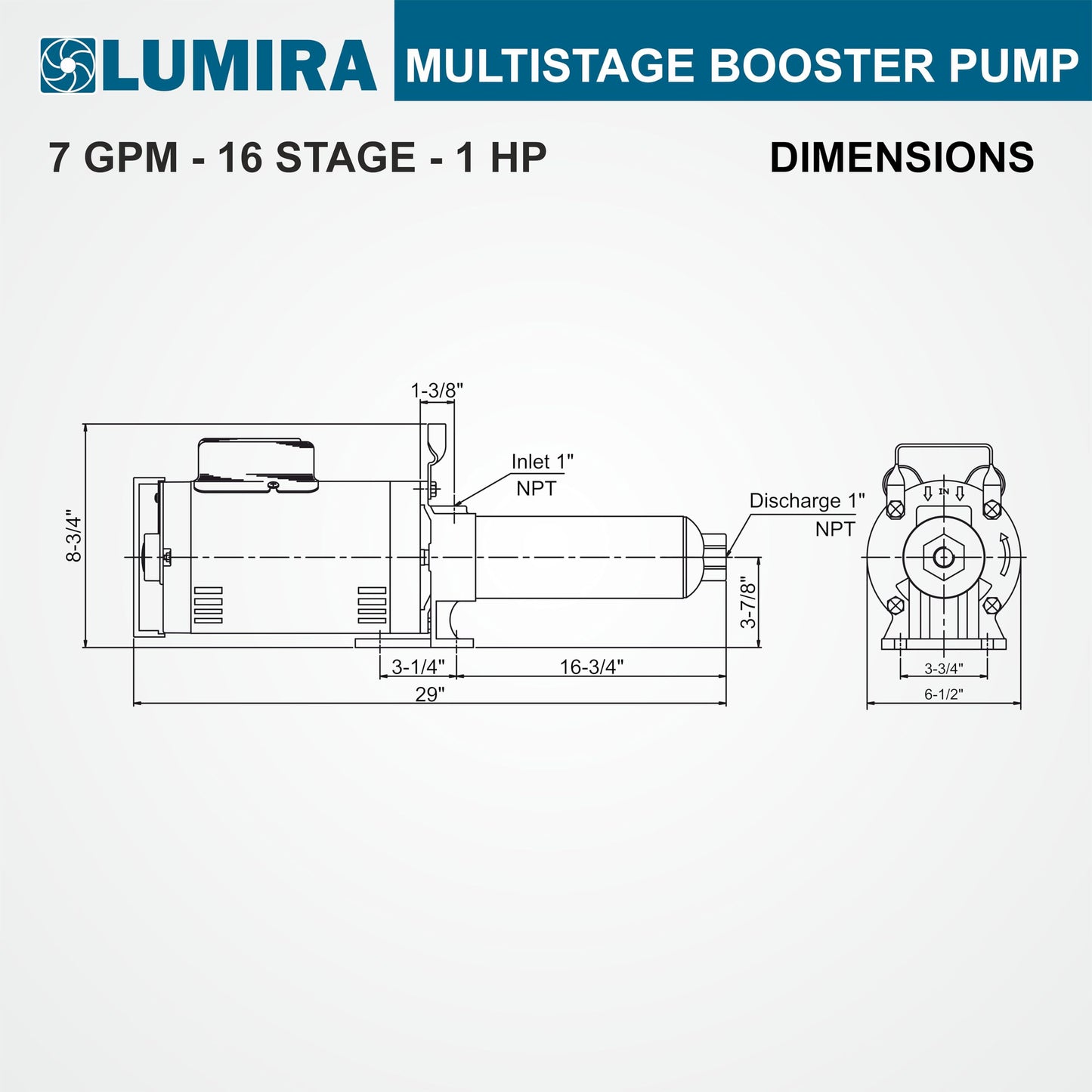 LUMIRA Multi stage booster pump - 07 GPM,16 STAGE, 1.0 hp, 115/230 Volts, 1 phase, 1" FNPT connections