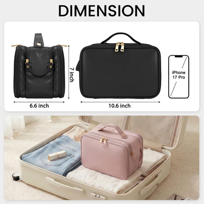Travel Makeup Bag Women's Large Capacity Cosmetic Portable Organizer Large Opening Waterproof Storage Toiletry Bags Vertical Free-Standing Brush Holder for Easy Access Black