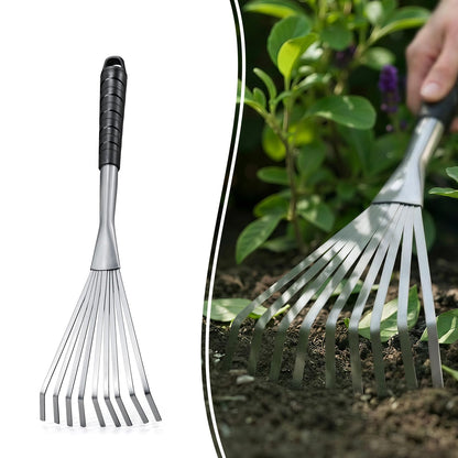 Colwelt Hand Rake 16.5", Small Rake for Gardening with 9 Resilient Flat Tines, Metal Mini Rake with Hanging Hole for Storage, Hand Fan Rake for Leaves, Loosening Soil, Spreading Mulch, Flower Beds