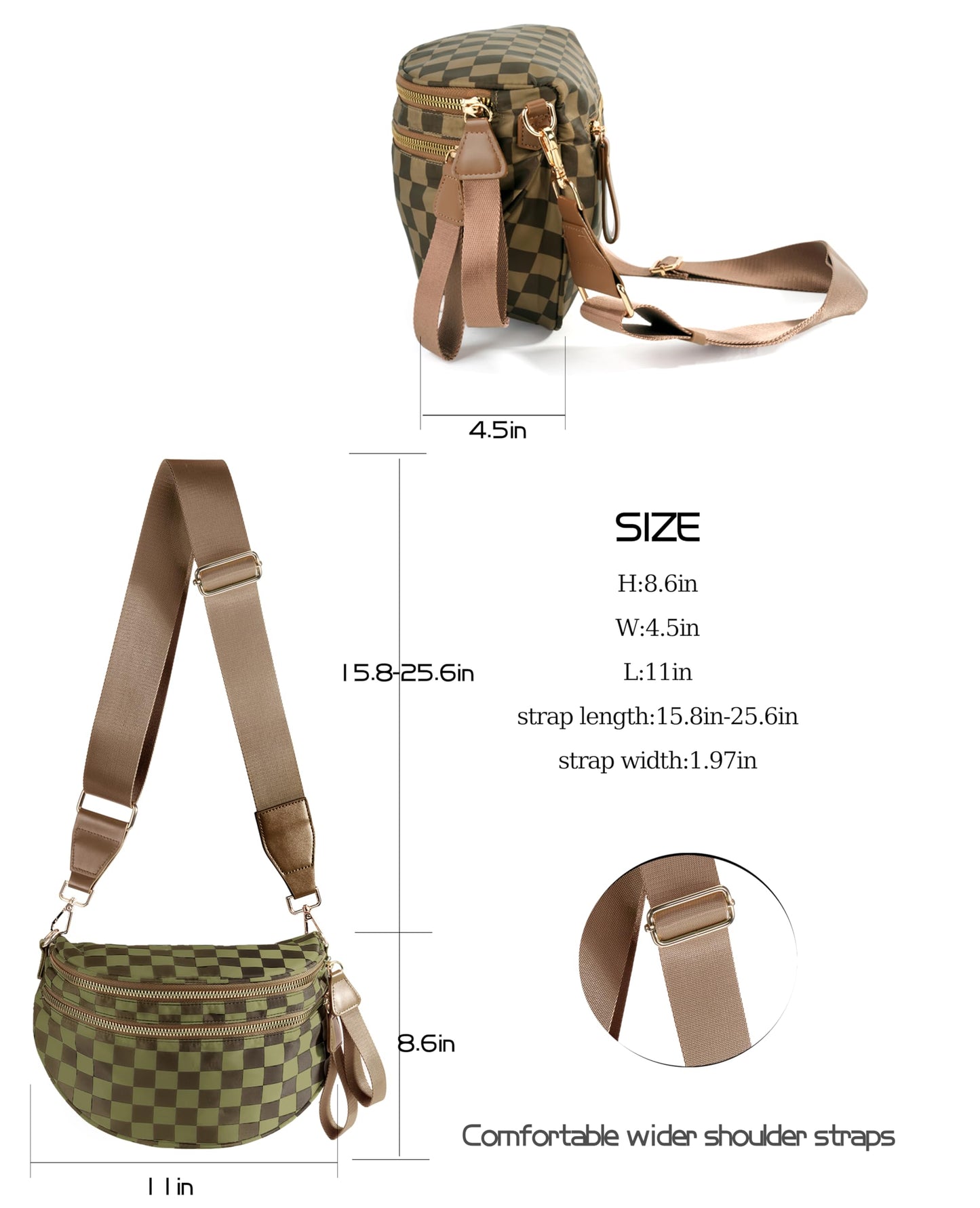 Spacious Checkered Nylon Crossbody Bag Bum Bag Checkered Handbags Wallets for Women