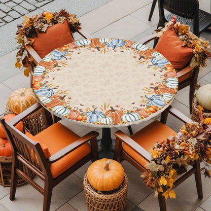 Thanksgiving Round Fitted Tablecloth 45-54inch, Autumn Pumpkin Sunflower Table Cover with Elastic Edged Waterproof Spillproof Table Cloths for Kitchen Dining Patio Holiday Tables, Fall Maple Leaves