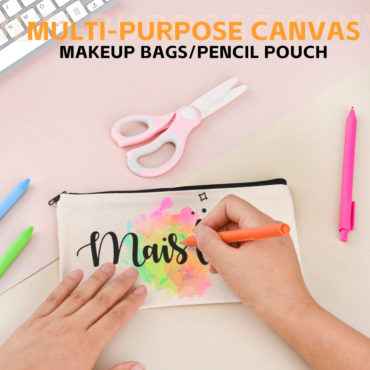 pabues 14 Pieces 8 x 4.7 Inch Blank Craft DIY Canvas Pen Pencil Case- Cotton Canvas Invoice Bill Bag Makeup Bags Cosmetic Bag Multipurpose Travel Toiletry Pouch with Black Zipper