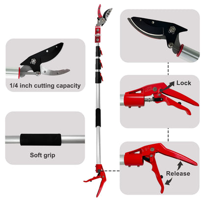 Prunrt 5.4-14.8 FT Tree Pruner Extendable 4 Sections, Telescopic Cut and Hold Trimmers Pole Saws Trimming Long Reach Pruning Shears Branch Cutter Clipper Bypass Lopper Fruit Picker