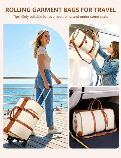 BSAKG 3 in 1 Convertible Garment Duffle Bags for Travel 45L Smooth Zipper Rolling Duffle Bag With Wheels Waterproof Carry On Duffle Bag for Men&Women with Weekends Weddings Business Short Trips Beige