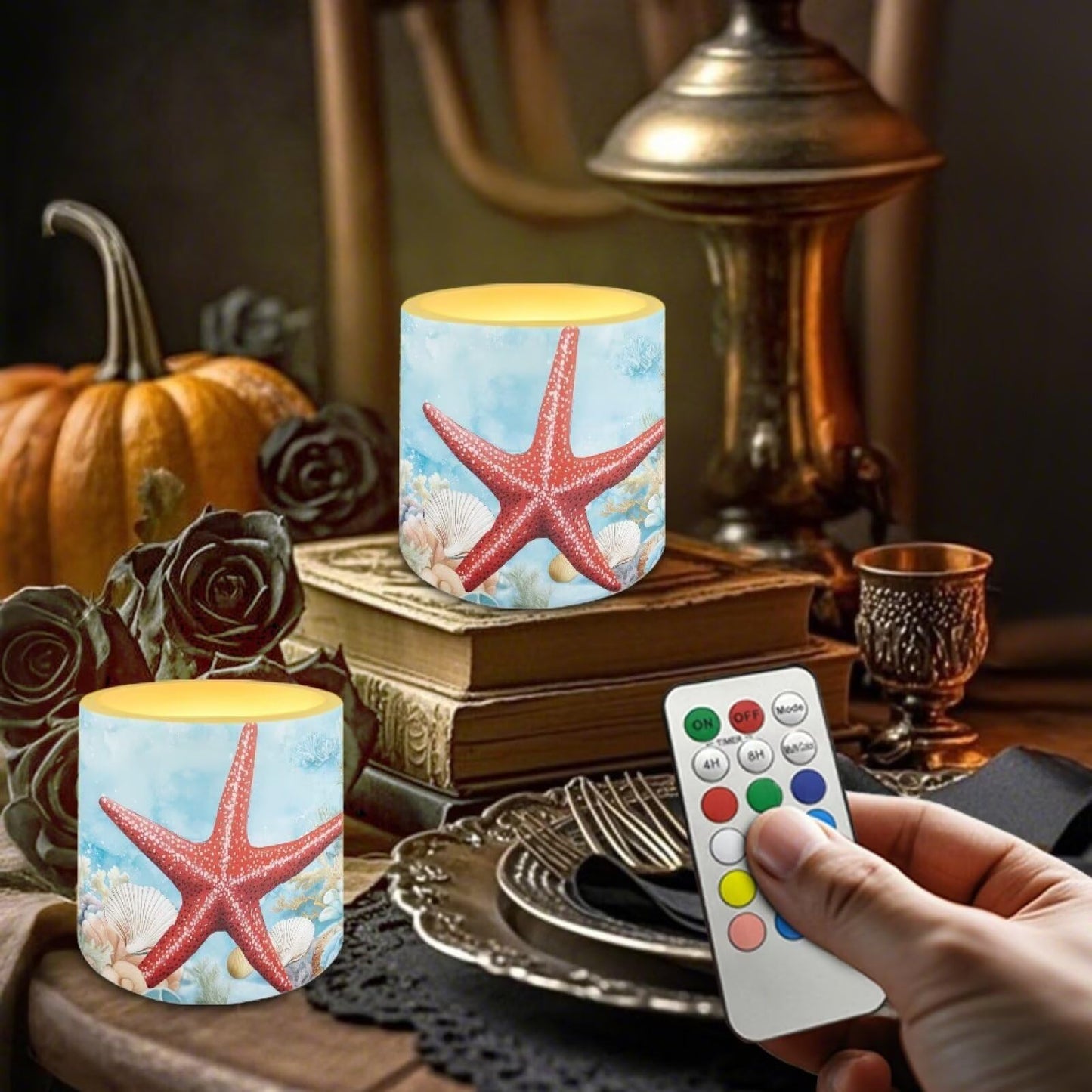 NETILGEN 4 Packs Decorative Flameless LED Candles Red Starfish Print Color Changing Battery Operated Flickering LED Pillar Candles with Remote Timer Control