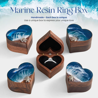 SAMAH Ocean Resin Heart Engagement Ring Box, Birthday Gifts for Women Mom, Personalized Walnut Wooden Ring Box, Ring Display Box for Proposal, Wedding, Anniversary, Valentine's Day, Mothers Day Gifts
