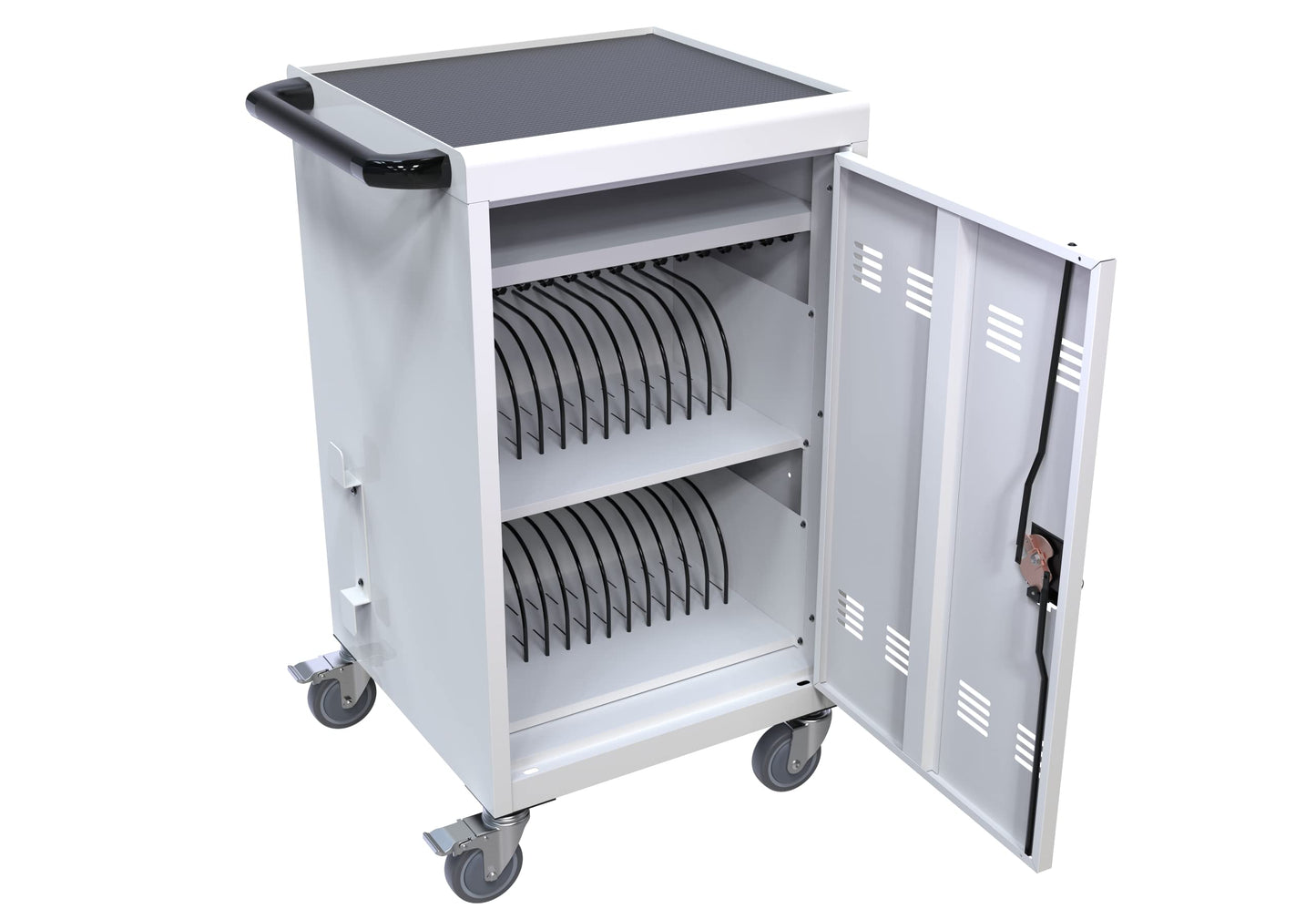 30 Device Mobile Charging Cart, Laptop Charging Cabinet, Mobile Cart, Locking Front and Rear Doors, Surge Protection, Easy Cable Management, Screen Size Up to 16.3 Inch for Classroom, Office White