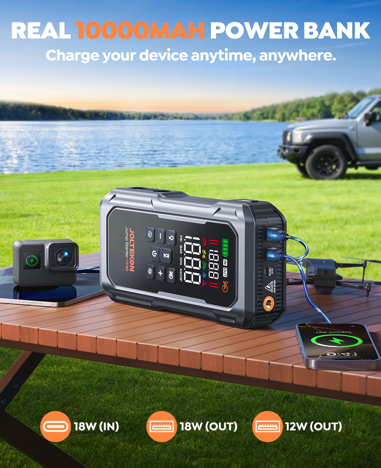 JOLTEKON 6000A 160PSI 9-in-1 Car Battery Jump Starter with Air Compressor & Air Blower (All Gas 12L Diesel), Battery Jumper Starter Portable Jump Box for Car Battery with 800LM Light/18W Fast Charge
