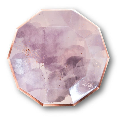Harlow & Grey Amethyst Large Party Plates Set, 24 Ct Pack, 9.75” Elegant Disposable Paper Dinnerware Supplies for Birthday, Wedding, Shower, Anniversary, Holiday, Purple Watercolor & Rose Gold