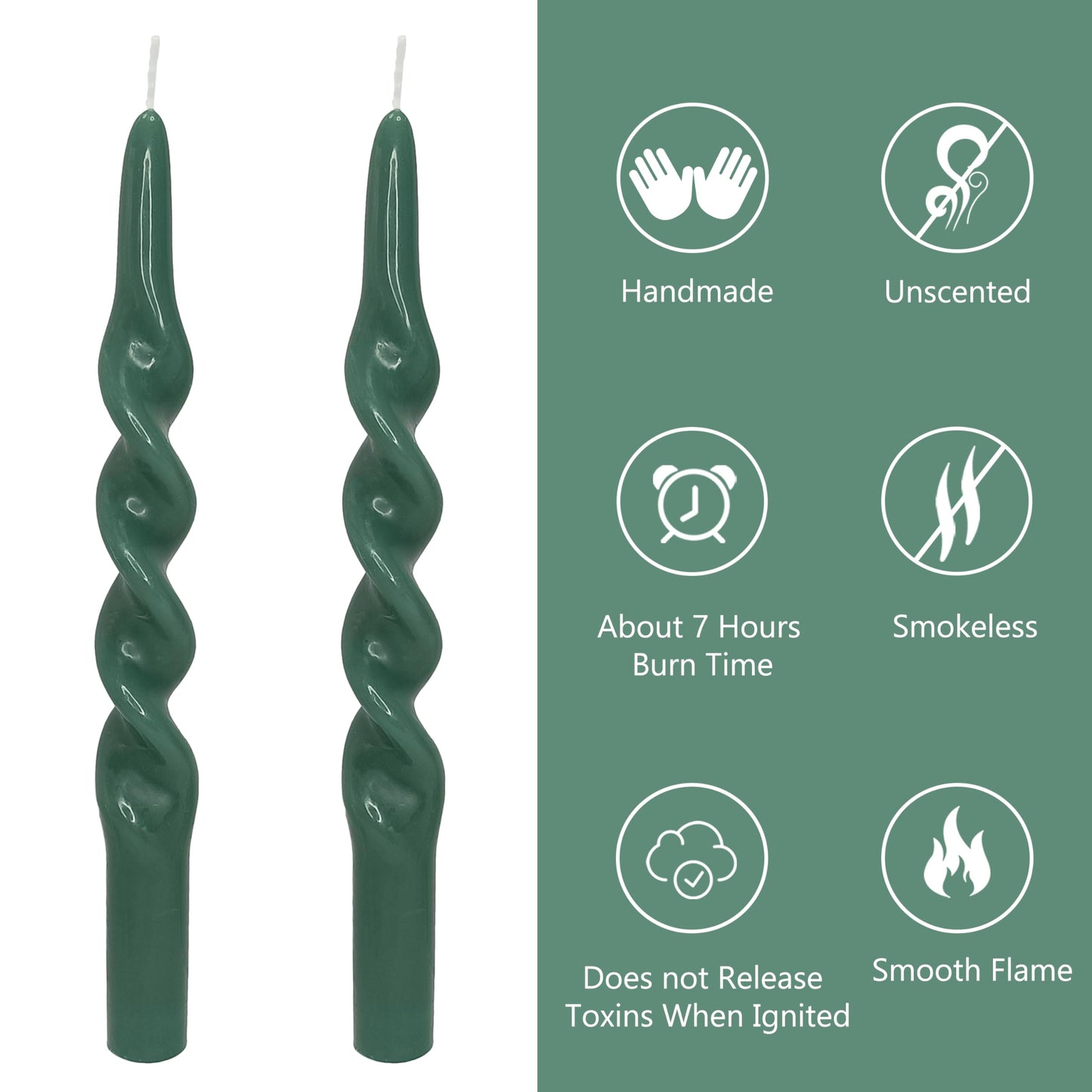 10 Inch Spiral Candles Set of 4, Deep Green Taper Candles, Handmade Twisted Candles, Unscented Candle Sticks for Summer Wedding Dinner Decor