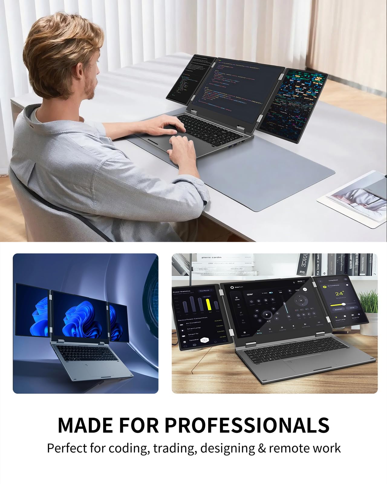 KOOFORWAY Triple Screen Laptop, 16" Main + Dual 10.5" Monitors, Core i7-12700H, 32GB RAM, 2TB SSD, Win 11 Pro, Wi-Fi 5, BT 5.0, Face & Fingerprint Unlock, USB-C, HDMI (16GB RAM + 1TB SSD)