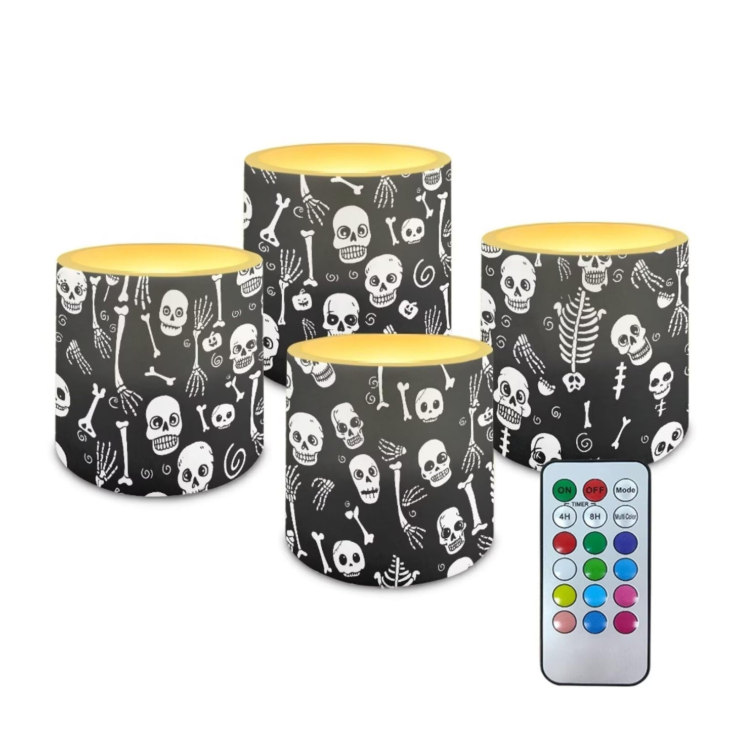 Merkmak Pack of 4 Flameless Candles with Remote, Halloween Skeleton Battery Operated Candles with Timer Waterproof Flameless Pillar Tea Lights for Indoor Outdoor Party Banquet Decorations
