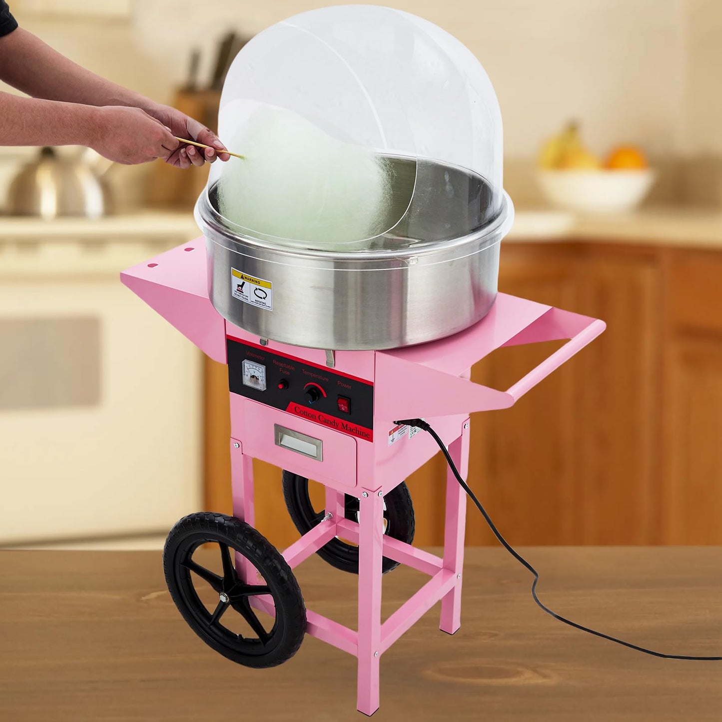 GarveeTech Commercial Cotton Candy Machine with Cart - Pink Cotton Candy Machine With Stainless Steel Bowl, Sugar Scoop, Drawer. Ideal for Family Party Fun(Without lid)