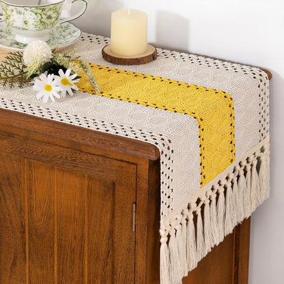 Socomi Boho Table Runner Macrame Summer Farmhouse Woven Cotton Linen Rustic Coffee Table Runner with Tassels for Dresser Scarf Home Decor Dining Room 12x90 inYellow Gold Ivory