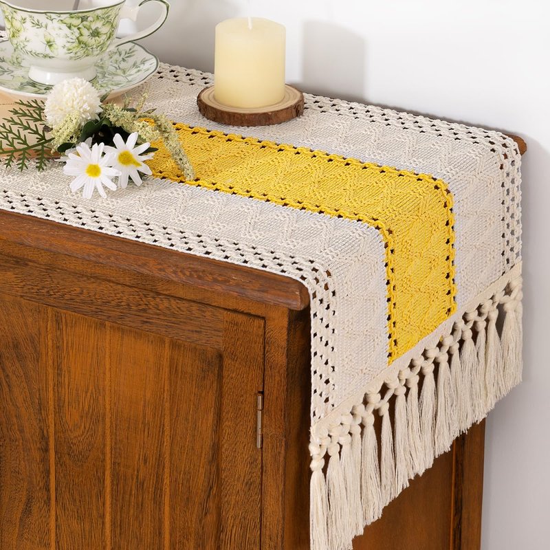 Socomi Boho Table Runner Easter Spring Farmhouse Rustic Dining Kitchen Centerpiece Decor Small Macrame Woven Cotton Coffee Table Runner for Dresser Scarf Home Decor 12x72 in Yellow Gold Ivory